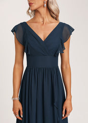 Ruffled A-line V-neck Floor-length Chiffon Bridesmaids Dress