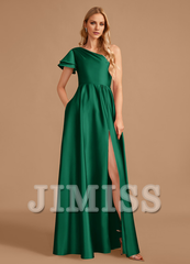 A-line one-shoulder floor-length satin bridesmaid dress