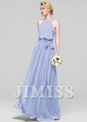 A-line low round neck bow floor mopping chiffon bridesmaid dress