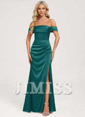 Ruffled A-Line Off-The-Shoulder Floor-Length Matte Satin Bridesmaids Dress
