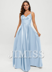 A-line V-neck floor-length satin prom dress
