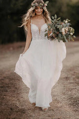 Aimishang Elegant A-Line V-Neck Chiffon Long Wedding Dresses with Appliques