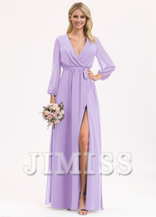 A-Line V-Neck Floor Length Chiffon Bow Pleated Bridesmaids Dress