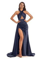 Sexy and soft satin hanging neck side slit and floor length fish tail bridesmaid dress
