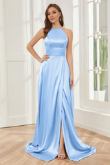 Column neck hanging soft satin and floor length bridesmaid dress