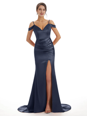 Sexy off shoulder soft satin side slit long fish tail bridesmaid dress