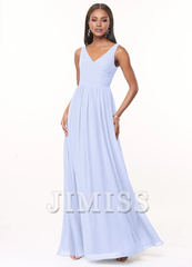 A-line V-neck pleated chiffon and floor length bridesmaid dress - Jimiss Dress