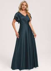 Ruffled A-line V-neck Floor-length Satin Bridesmaids Dress