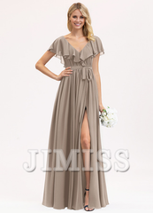 A-line V-neck floor-length chiffon bow tiered ruffle bridesmaid dress