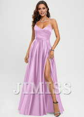 A-line V-neck floor-length satin prom dress