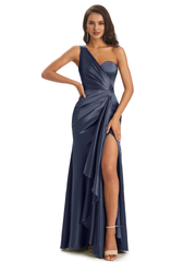 Elegant and soft satin side slit one shoulder unique fish tail bridesmaid dress