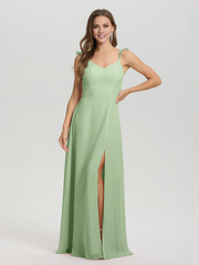 V-neck shoulder strap tied chiffon slit and floor length bridesmaid dress