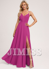 A-line V-neck tea-length chiffon pleated bridesmaid dress