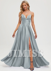A-line V-neck pleated floor-length satin prom dress