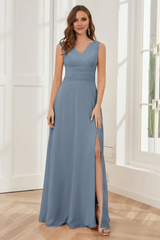 V-neck sleeveless chiffon side slit and floor length bridesmaid dress