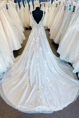V-Neck Backless White Long Wedding Dress with Appliques