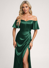 A-Line Off-The-Shoulder Floor-Length Satin Bridesmaids Dress