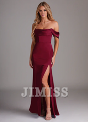 Off Shoulder Side Split Satin and Floor length Bridesmaid Dress - Jimiss Dress