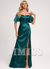 A-Line Off-The-Shoulder Floor-Length Satin Bridesmaids Dress