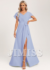 Ruffled A-line V-neck Floor-length Chiffon Bridesmaids Dress