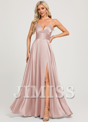 A-line V-neck floor-length pleated satin prom dress