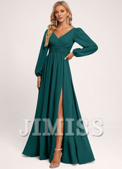 Ruffled A-line V-neck Floor-length Chiffon Bridesmaids Dress