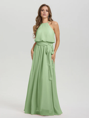 Hanging neck low round neck sleeveless chiffon and floor length Bridesmaid dresses