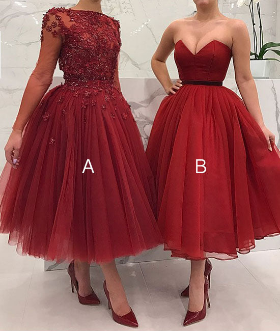 Cute burgundy tulle short prom dress, burgundy evening dress