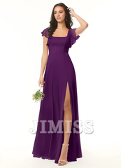 A-line pleated chiffon backless side slit and floor length bridesmaid dress - Jimiss Dress