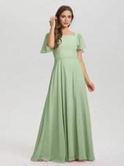 A-line square collar ruffled short sleeved and ground chiffon/ground length bridesmaid dress
