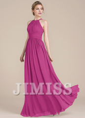 Lotus leaf A-line low round neck chiffon bridesmaid dress