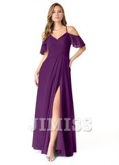A-line V-neck pleated chiffon side slit and floor length bridesmaid dress - Jimiss Dress