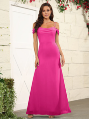 Split off shoulder thin shoulder strap chiffon and floor length bridesmaid dress