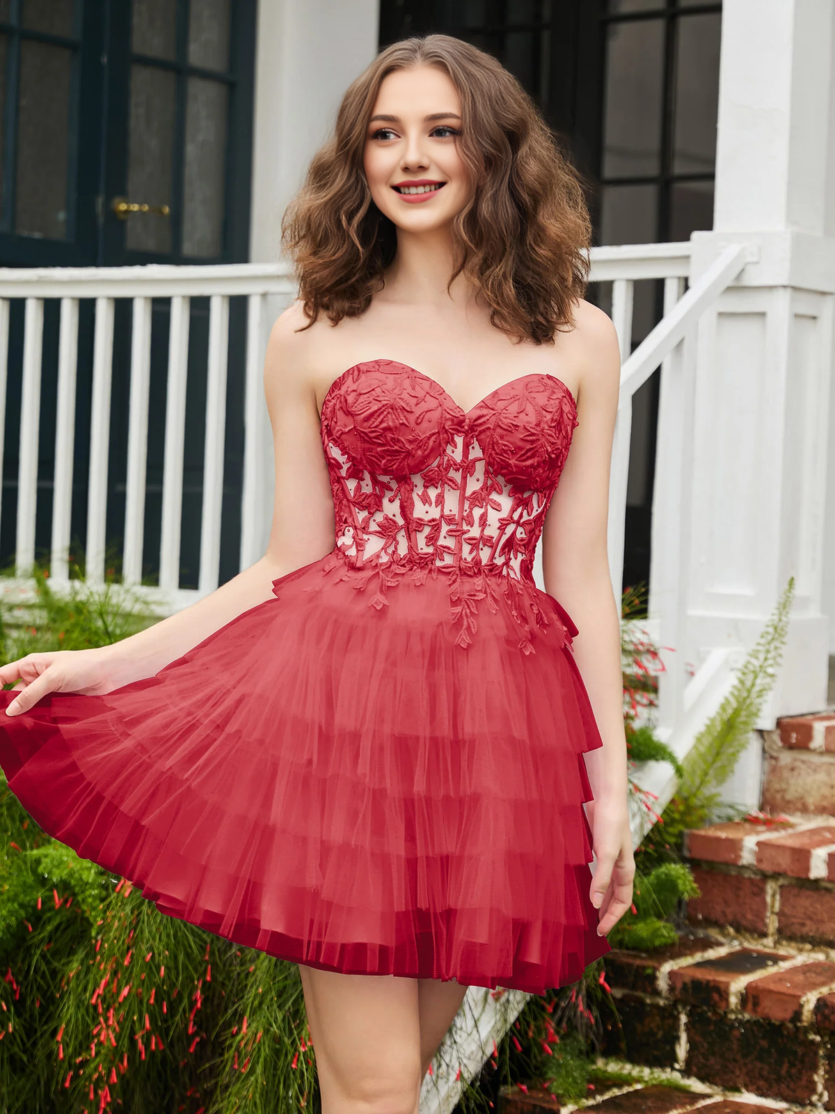 Transparent decal tight corset layered sheer short Homecoming dress