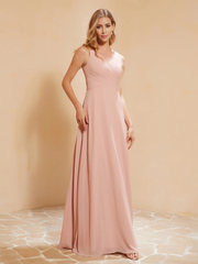 Bow pleated V-neck chiffon A-line dress