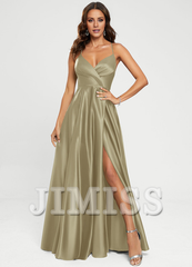 A-line V-neck floor-length satin prom dress