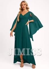 Ruffled A-line V-neck Asymmetric Chiffon Bridesmaids Dress