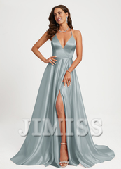 A-line V-neck floor-sweeping satin prom dress