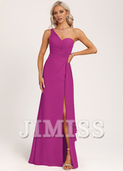 Ruffled A-line One Shoulder Floor Length Chiffon Bridesmaid Dress