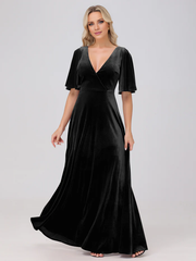 A-line V-neck short sleeved velvet and floor length bridesmaid dress