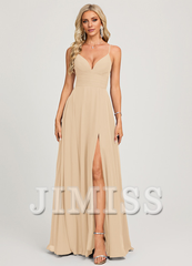 A-line V-neck pleated floor-length chiffon prom dress