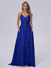 Elegant shoulder strap chiffon and floor length bridesmaid dress