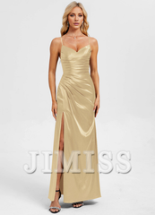 Bodycon straight V-neck floor-length pleated satin prom dress