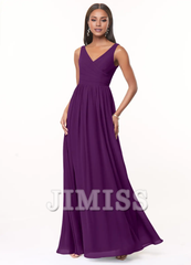 A-line V-neck pleated chiffon and floor length bridesmaid dress - Jimiss Dress