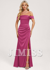 Ruffled A-Line Off-The-Shoulder Floor-Length Matte Satin Bridesmaids Dress