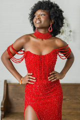 Mermaid Off the Shoulder Red Sequins Long Prom Dresses