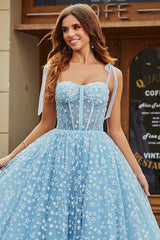 Sky Blue Ball-Gown Spaghetti Straps Corset Long Prom Dress With Floral Floor Length