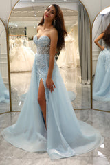 Glitter Light Blue Long Corset Beaded Prom Dress With Slit Off Shoulder Sparkly
