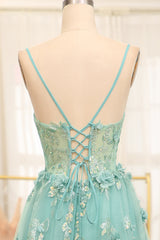 A-Line Spaghetti Straps Long Sparkly Prom Dress With Appliques With Slit