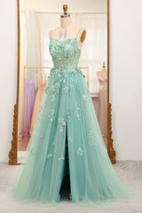 A-Line Spaghetti Straps Long Sparkly Prom Dress With Appliques With Slit